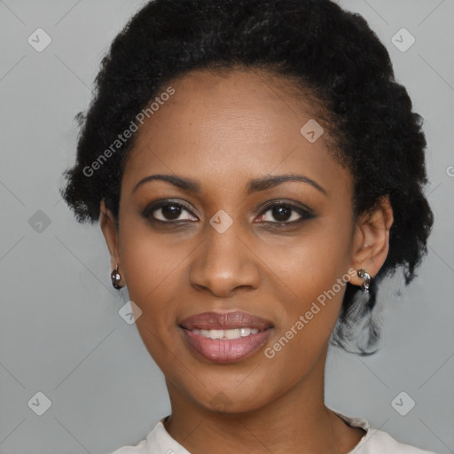 Joyful black young-adult female with medium  black hair and brown eyes