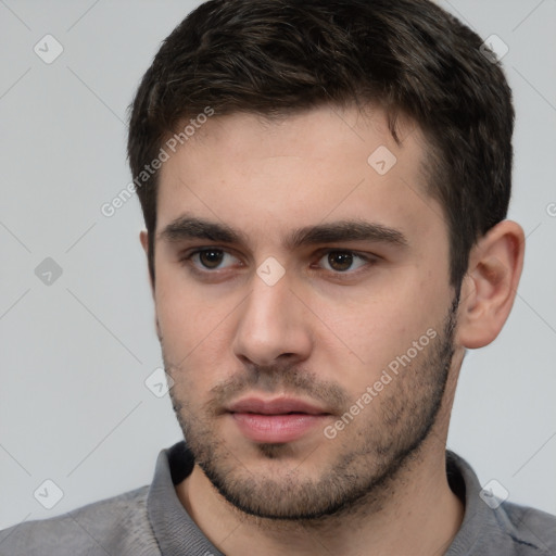 Neutral white young-adult male with short  brown hair and brown eyes