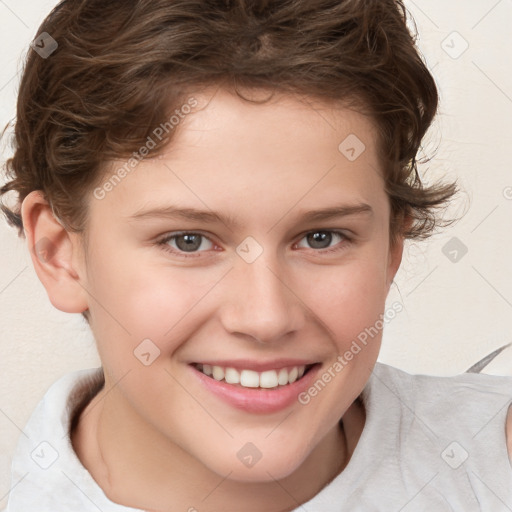 Joyful white child female with short  brown hair and brown eyes