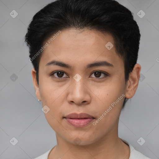 Joyful latino young-adult female with short  brown hair and brown eyes