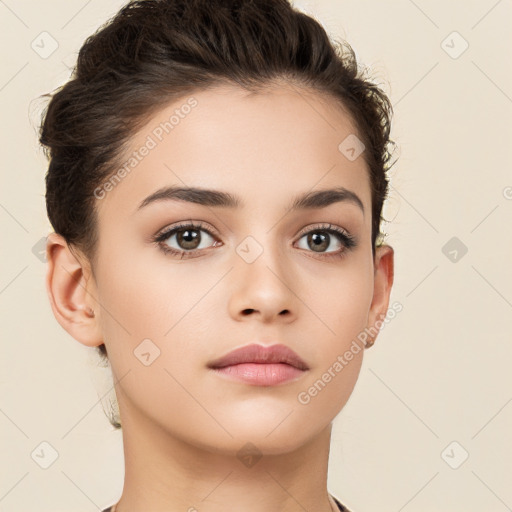 Neutral white young-adult female with short  brown hair and brown eyes