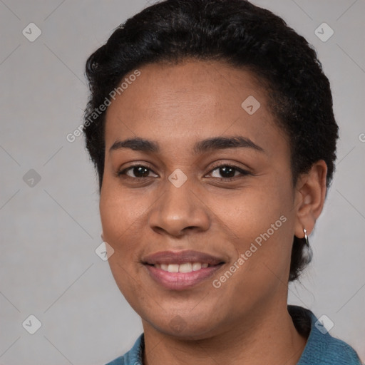 Joyful latino young-adult female with short  brown hair and brown eyes