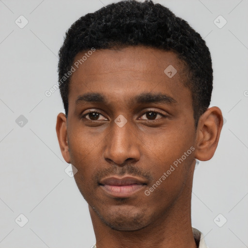 Neutral black young-adult male with short  black hair and brown eyes