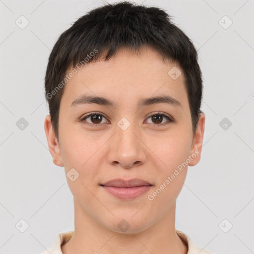 Joyful white young-adult female with short  brown hair and brown eyes