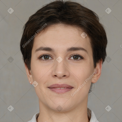 Joyful white young-adult female with short  brown hair and brown eyes