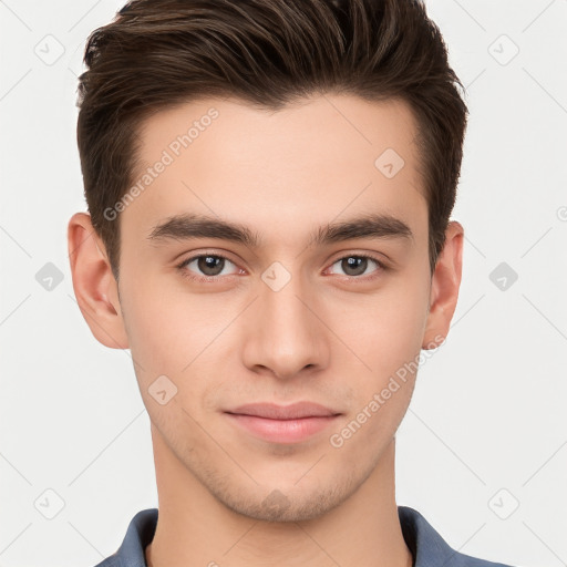 Neutral white young-adult male with short  brown hair and brown eyes