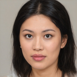 Neutral asian young-adult female with long  brown hair and brown eyes