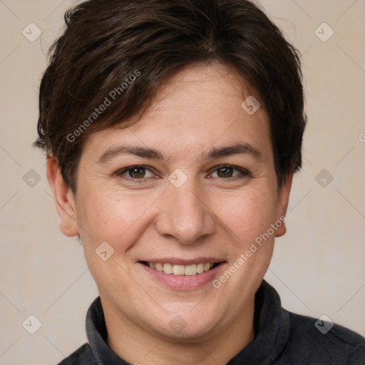 Joyful white adult female with short  brown hair and brown eyes