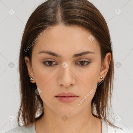 Neutral white young-adult female with medium  brown hair and brown eyes