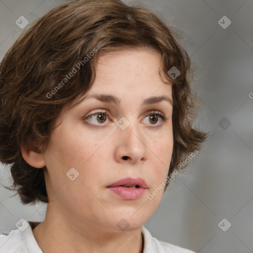 Neutral white young-adult female with medium  brown hair and brown eyes