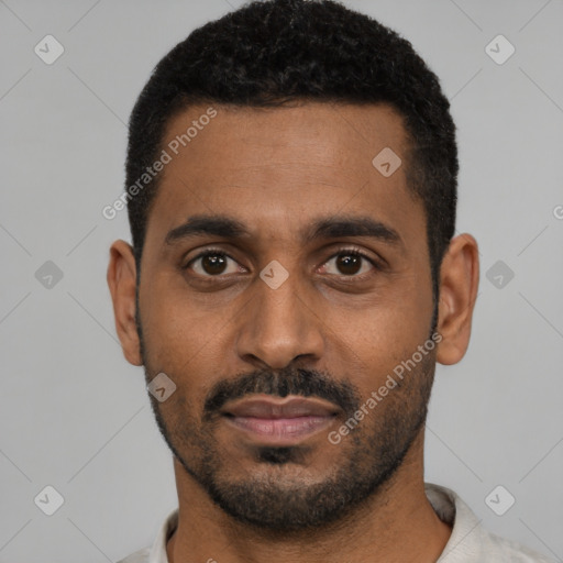 Neutral black young-adult male with short  black hair and brown eyes