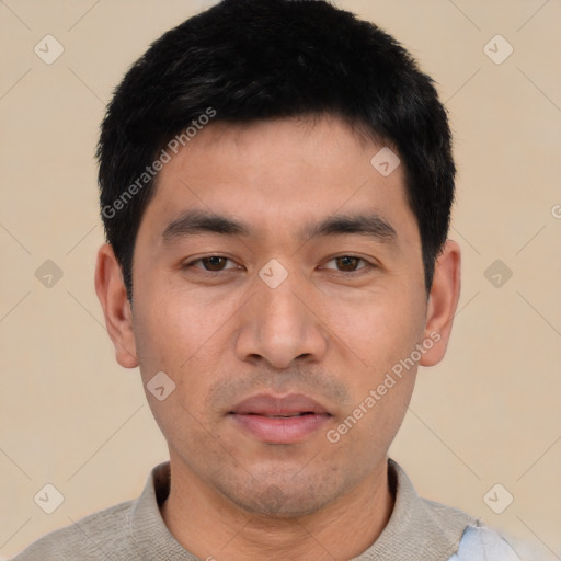 Neutral asian young-adult male with short  black hair and brown eyes