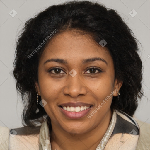 Joyful black young-adult female with medium  brown hair and brown eyes