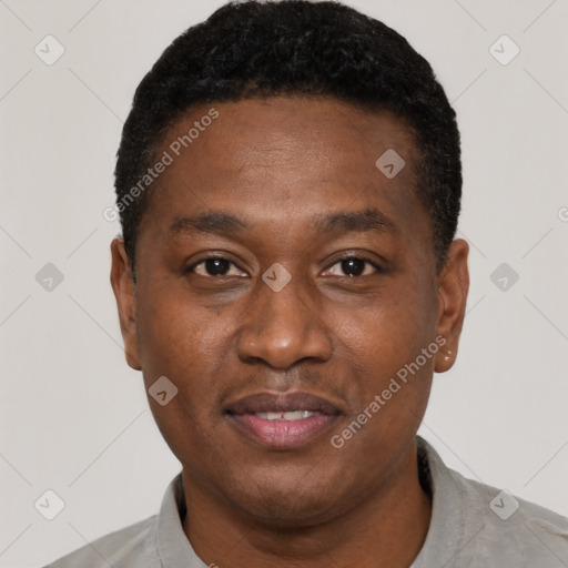 Joyful black young-adult male with short  black hair and brown eyes