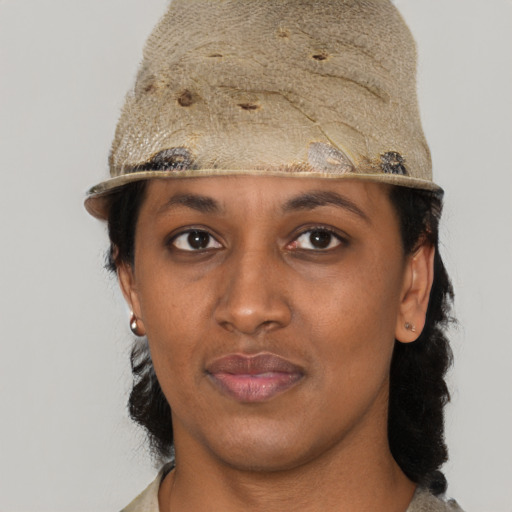 Neutral black young-adult female with short  black hair and brown eyes
