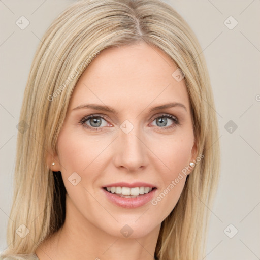 Joyful white young-adult female with long  brown hair and blue eyes