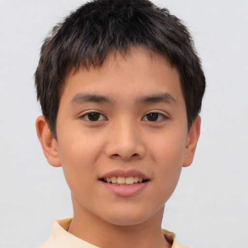 Joyful asian child male with short  brown hair and brown eyes