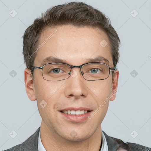 Joyful white adult male with short  brown hair and grey eyes