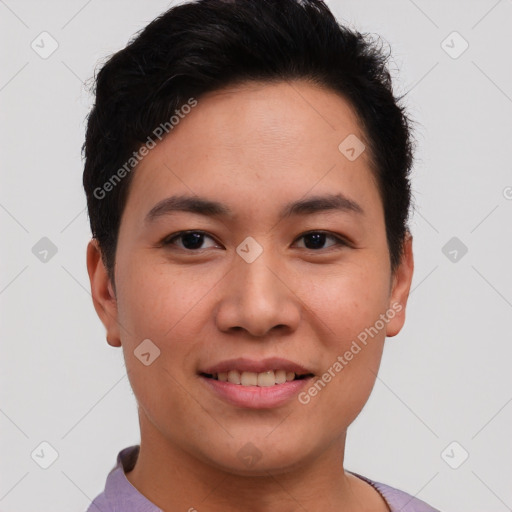 Joyful asian young-adult female with short  brown hair and brown eyes