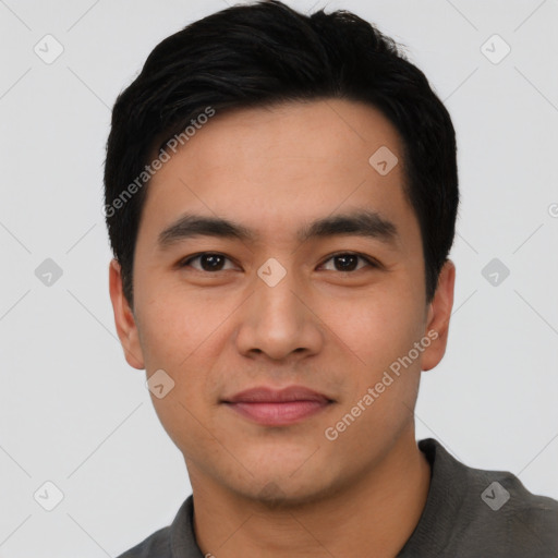 Neutral asian young-adult male with short  black hair and brown eyes