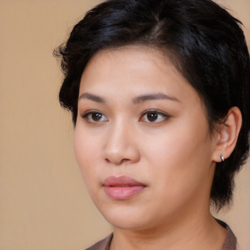 Neutral asian young-adult female with medium  brown hair and brown eyes