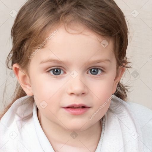 Neutral white child female with medium  brown hair and blue eyes