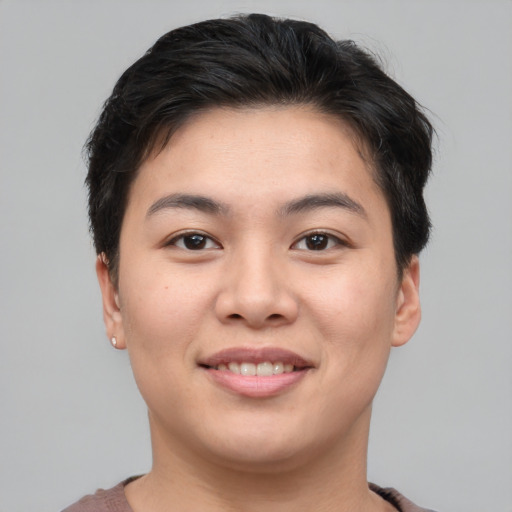 Joyful asian young-adult female with short  brown hair and brown eyes