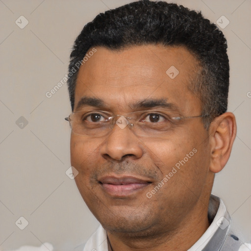Neutral latino adult male with short  black hair and brown eyes