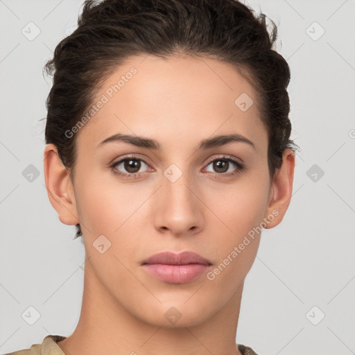 Neutral white young-adult female with short  brown hair and brown eyes