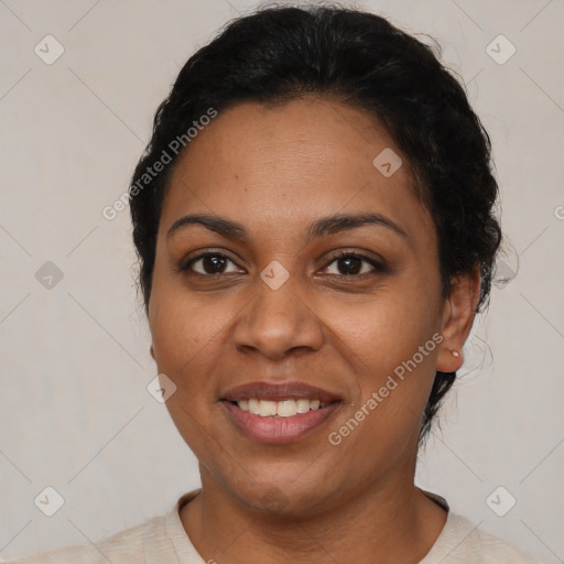 Joyful latino young-adult female with short  black hair and brown eyes