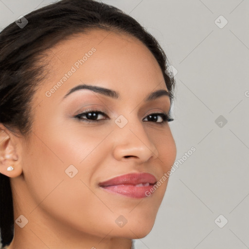 Joyful latino young-adult female with long  brown hair and brown eyes