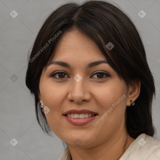 Joyful asian young-adult female with medium  brown hair and brown eyes