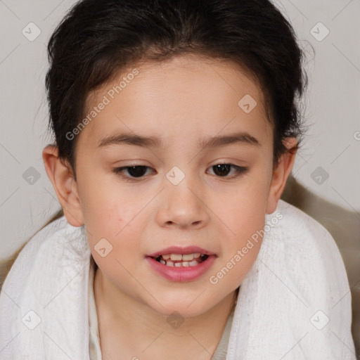 Joyful white child female with medium  brown hair and brown eyes