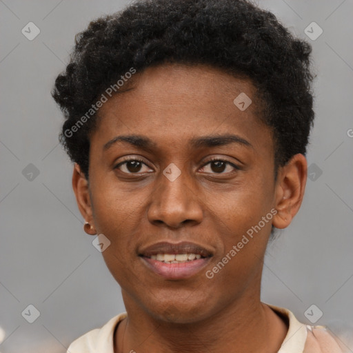 Joyful black young-adult male with short  brown hair and brown eyes