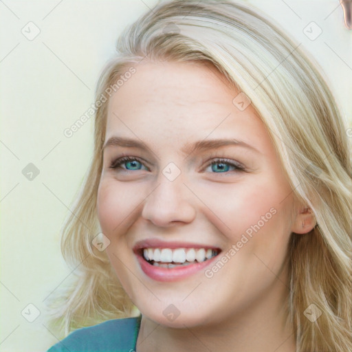 Joyful white young-adult female with long  brown hair and blue eyes