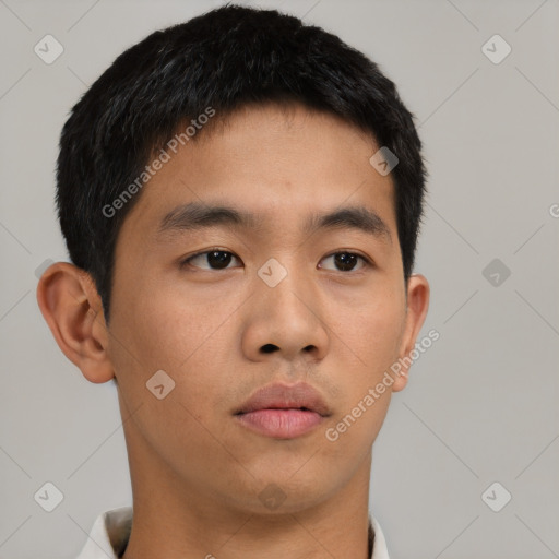 Neutral asian young-adult male with short  black hair and brown eyes