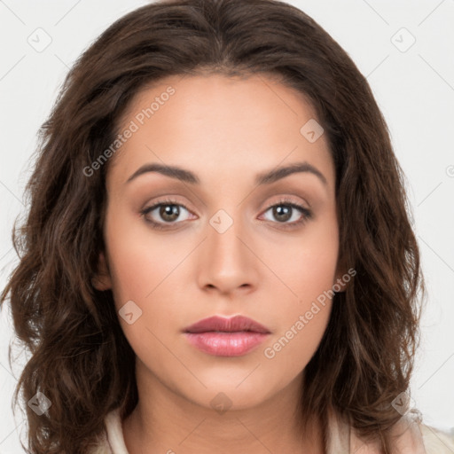 Neutral white young-adult female with long  brown hair and brown eyes