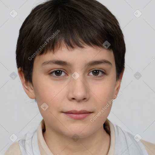 Neutral white young-adult female with short  brown hair and brown eyes