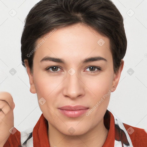 Joyful white young-adult female with short  brown hair and brown eyes