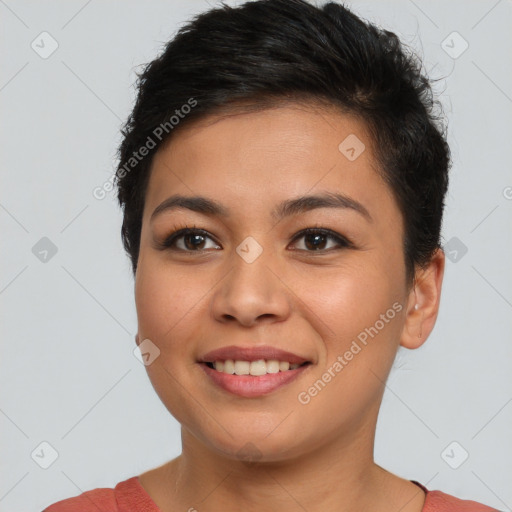 Joyful asian young-adult female with short  brown hair and brown eyes