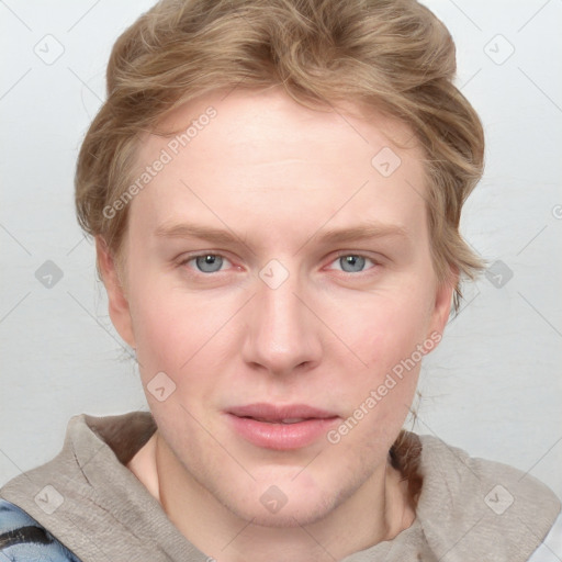 Joyful white young-adult female with short  brown hair and blue eyes