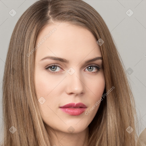 Neutral white young-adult female with long  brown hair and brown eyes