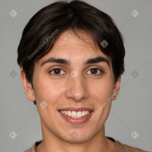 Joyful white young-adult female with short  brown hair and brown eyes