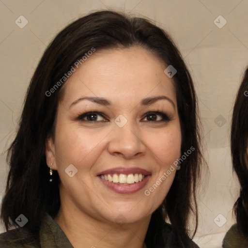 Joyful white adult female with long  brown hair and brown eyes