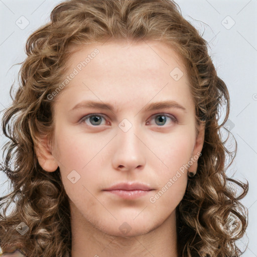 Neutral white young-adult female with long  brown hair and blue eyes