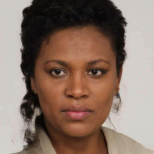 Neutral black young-adult female with long  brown hair and brown eyes