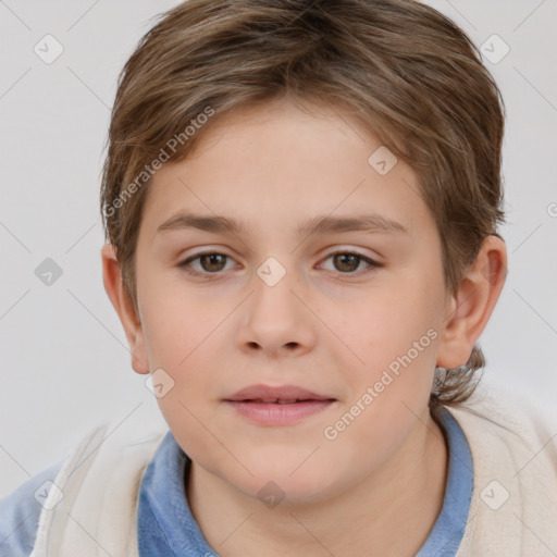 Joyful white child female with short  brown hair and brown eyes