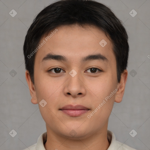 Joyful asian young-adult male with short  brown hair and brown eyes