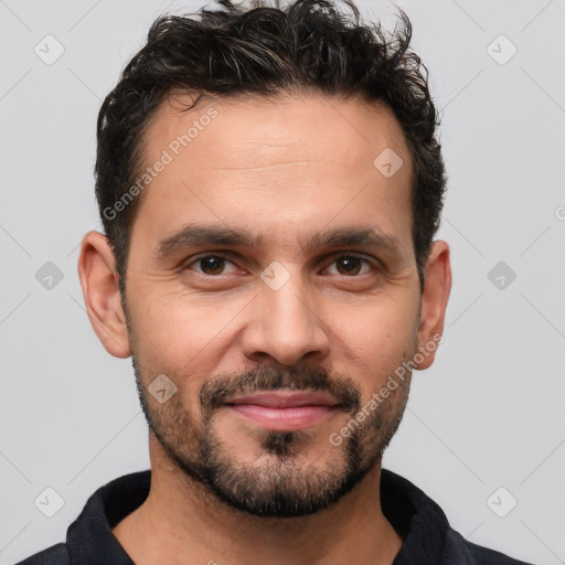 Joyful white young-adult male with short  black hair and brown eyes