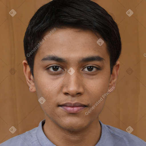 Neutral latino young-adult male with short  black hair and brown eyes